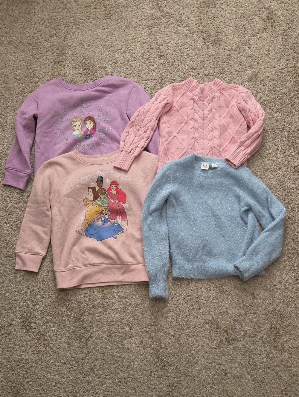 4 Girls Sweaters: Disney Princess, Cable Knit, Fuzzy, Frozen, Ariel, Belle,Tiana
